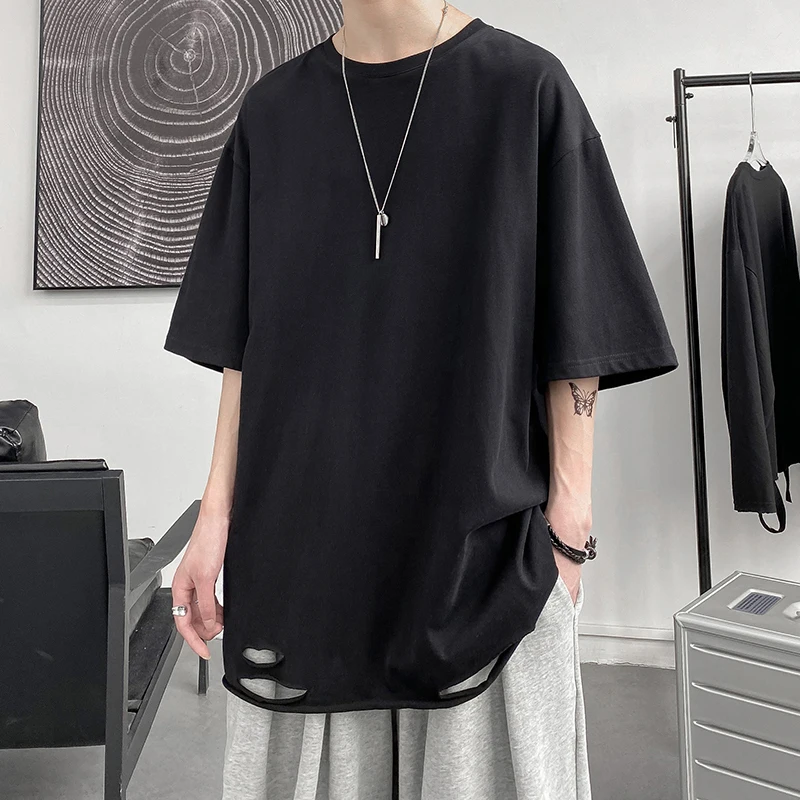 

LAPPSTER-Youth Summer Hole Y2k Streetwear T Shirts 2022 Oversized Black Graphic Harajuku T Shirt Cotton Solid Casual T-shirts