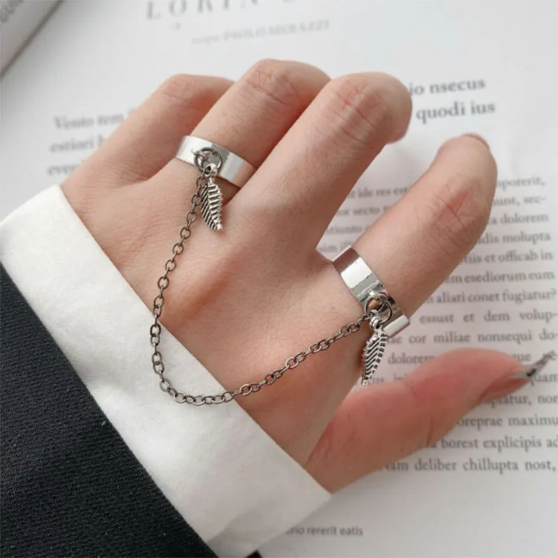 

2pc/Set Fashion Punk Vintage Chain Leaf Ring Set Women Hip Hop Open Ring Metal Silver Color Chain Geometric Party Jewlery Gifts