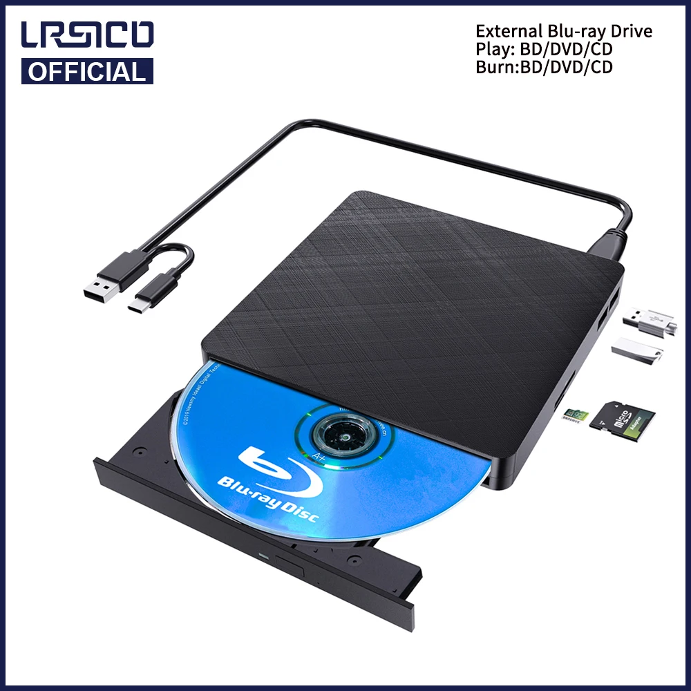 External Bluray Drive 3D Blu-ray Burner Reader USB 3.0 & Type-C Blu-Ray Burner Writer Slim BD CD DVD Optical Bluray For Computer