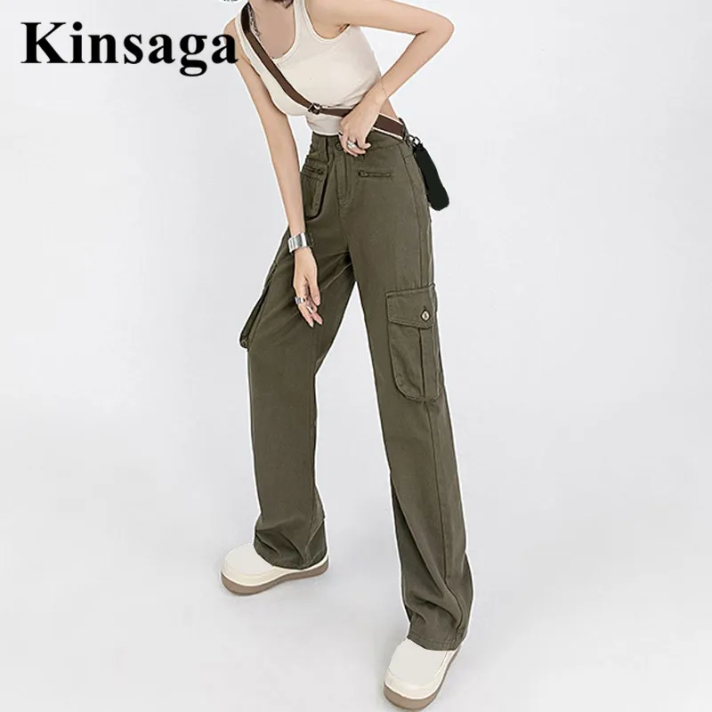 Grunge Wide Leg Straight Cargo Jeams Tall Girl Green Slouchy Boyfriend Street High Waist Pockets Loose Mopping Overalls Trousers
