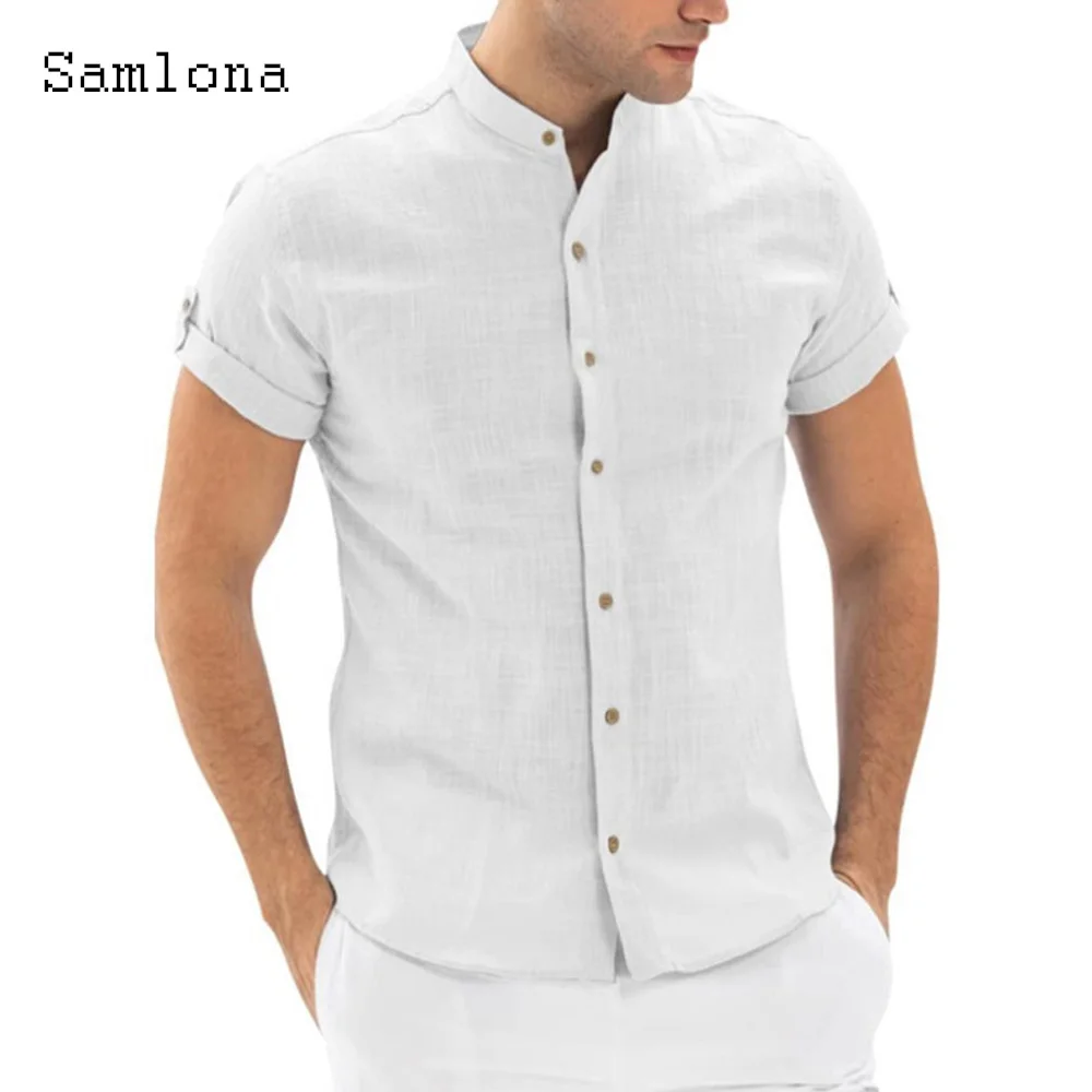 Samlona Mens Casual Linen Blouse 2023 Short Sleeve Beach Shirt Masculina Camisa Shirt blusas Homme Ropa Mandarin Collar Tops