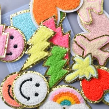 5pc/lot Iron on Patches Clothing Sticker Star Smiles Rainbow Lightning Airplane Heat Press Applique Chenille Embroidery patch