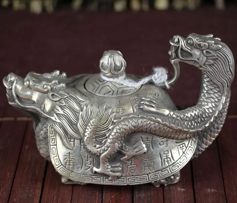 China Old Feng Shui Homeornaments Plate With Silver Dragon Turtle Pot