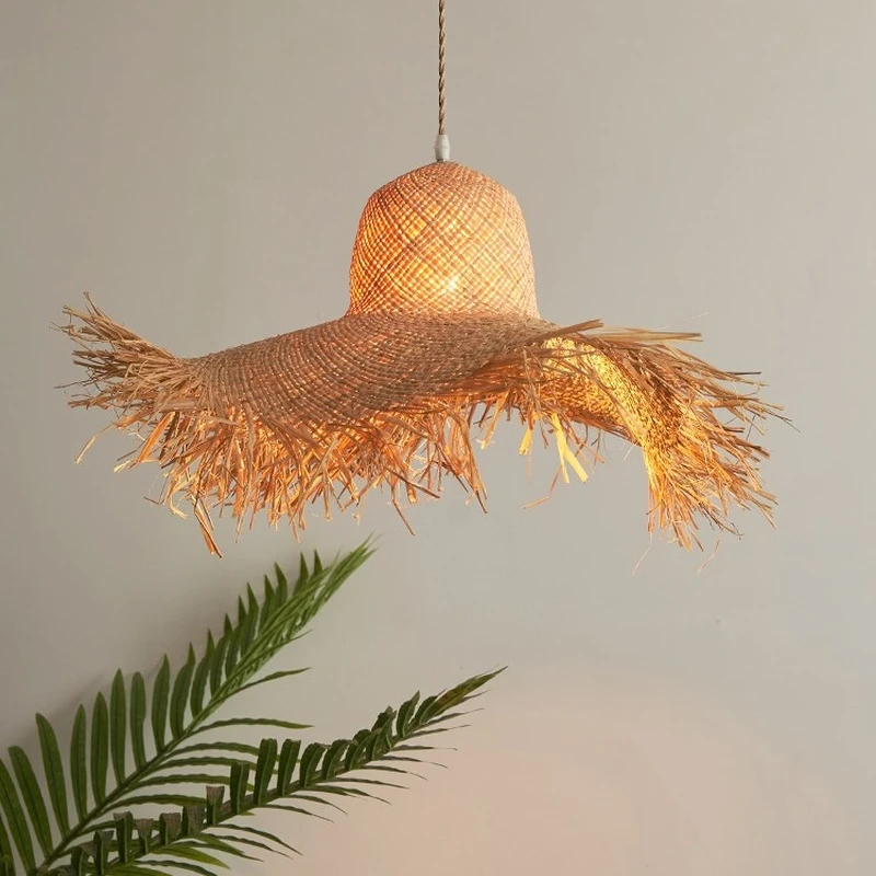 

Scandinavian Living Room Simple Rattan Straw Hat Chandelier Vintage Hotel Restaurant Hand-woven Decorative Led Pendent Lamps