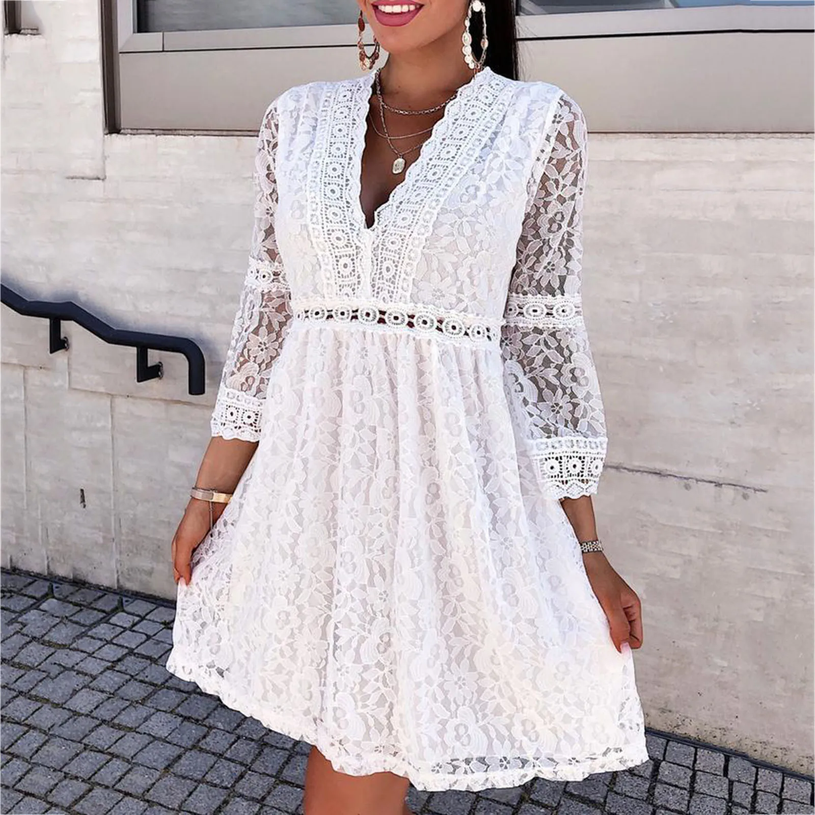 Женское пикантное модное однотонное белое кружевное платье-труба с V-образным