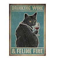 cat plaque vintage metal tin sign drinking wine feline fine metal plate wall decor retro poster home decoration