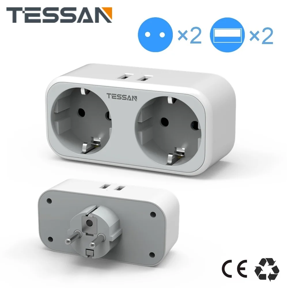 

Портативный сетевой фильтр TESSAN с 2 розетками и 2 USB-портами