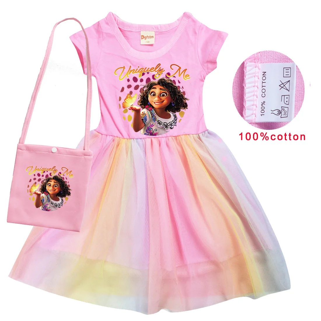 

Baby Girl Cotton O-Neck Encanto Mirabel Madrigal Princess Cartoon Dress Children Rainbow Mesh Princess Dresses