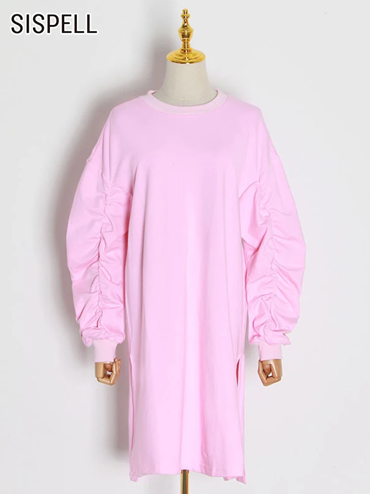 

Женское платье с круглым вырезом SISPELL, повседневное свободное платье до колена, с длинным рукавом, с высокой талией и складками, в минималист...