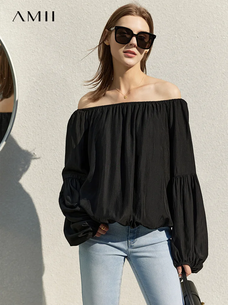 Amii Minimalism Women Spring Summer New One-word Neck Off-shoulder Lantern Sleeve Blouse Causal Tops Offical Lady Tops 12230093