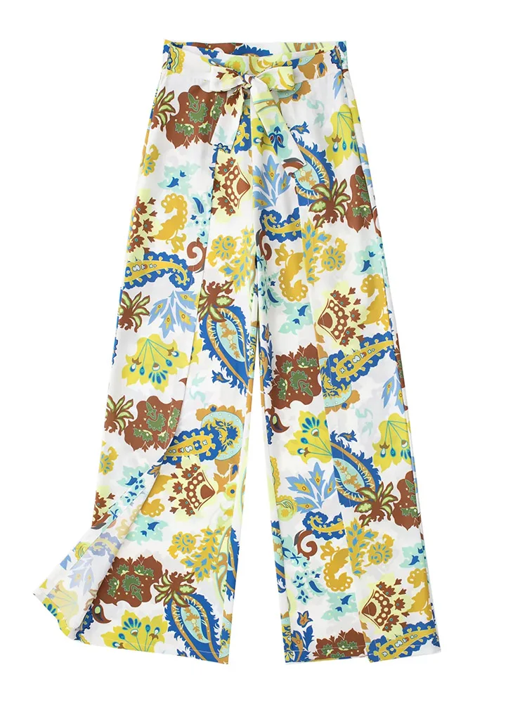 

xikom 2022 Women Fashion Front Bow Tied Printed Wrap Pants Vintage High Waist Side Zipper Female Trousers Mujer