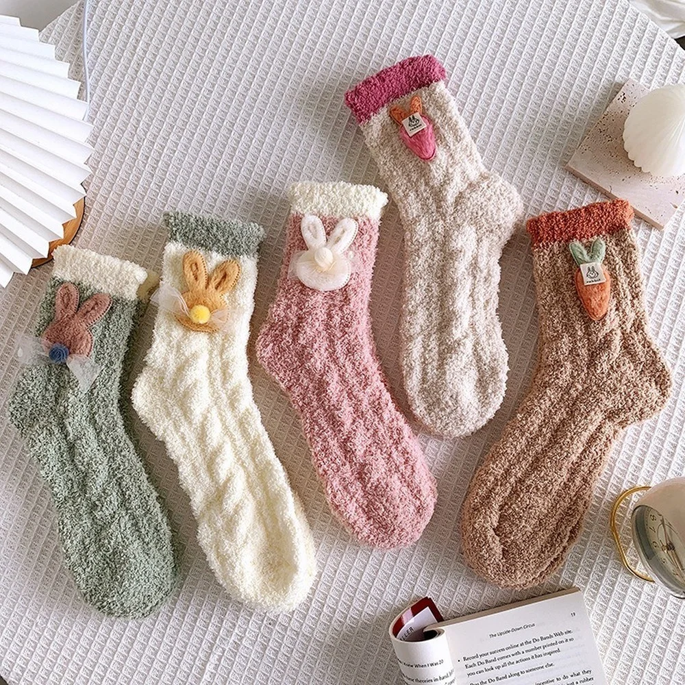 5 Pairs Autumn and Winter Japanese Sweet Beauty Women Coral Fleece Socks Female Cartoon Rabbit Warm Home Floor Sleep Socks