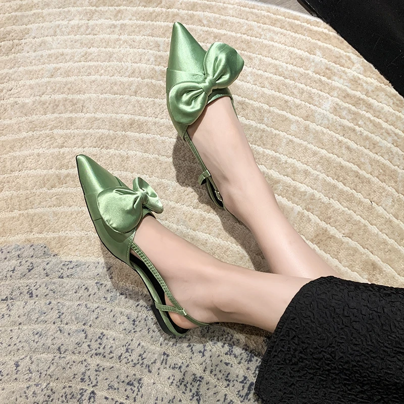 A4 Summer New Fashion Sexy Pointed Bow Tie Women's Sandals Shallow Belt Buckle Solid Color Comfortable Single Shoe Women
