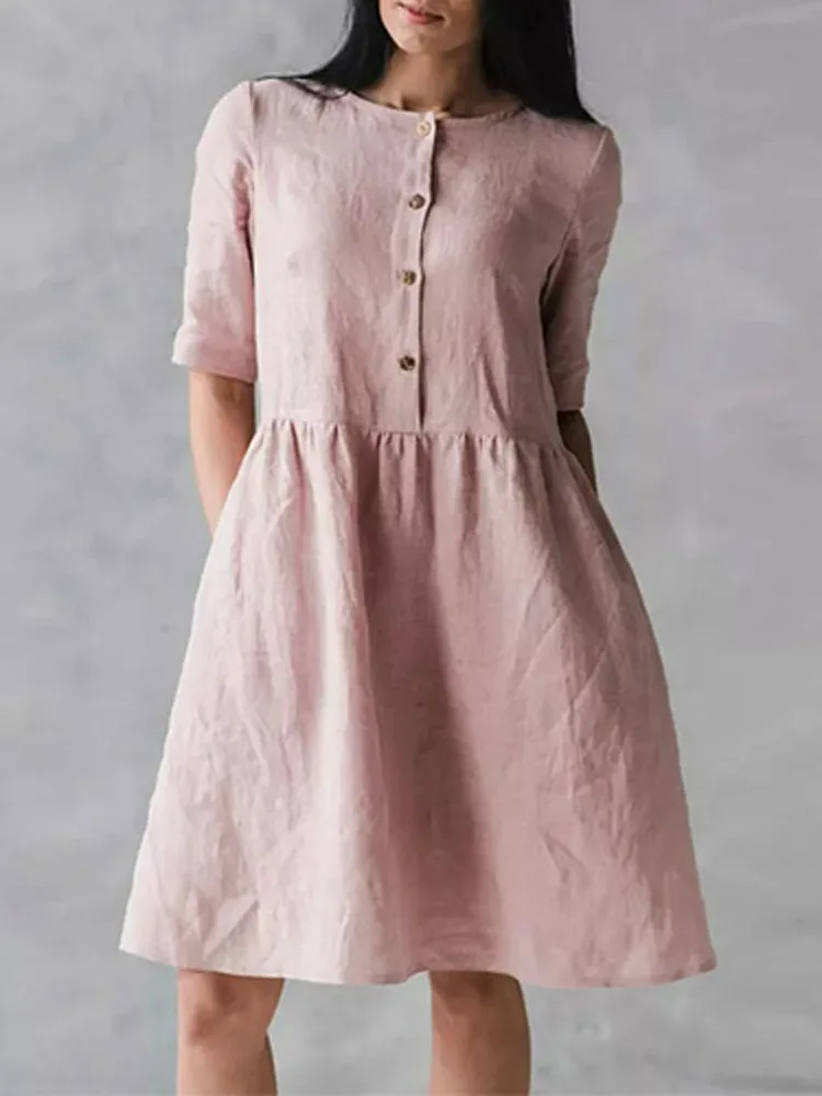 

2022 Spring Solid Pocket Cotton Linen Dress Women Casual O Neck Button Shirt Dress Summer Short Sleeve A-Line Party Dress Mujer