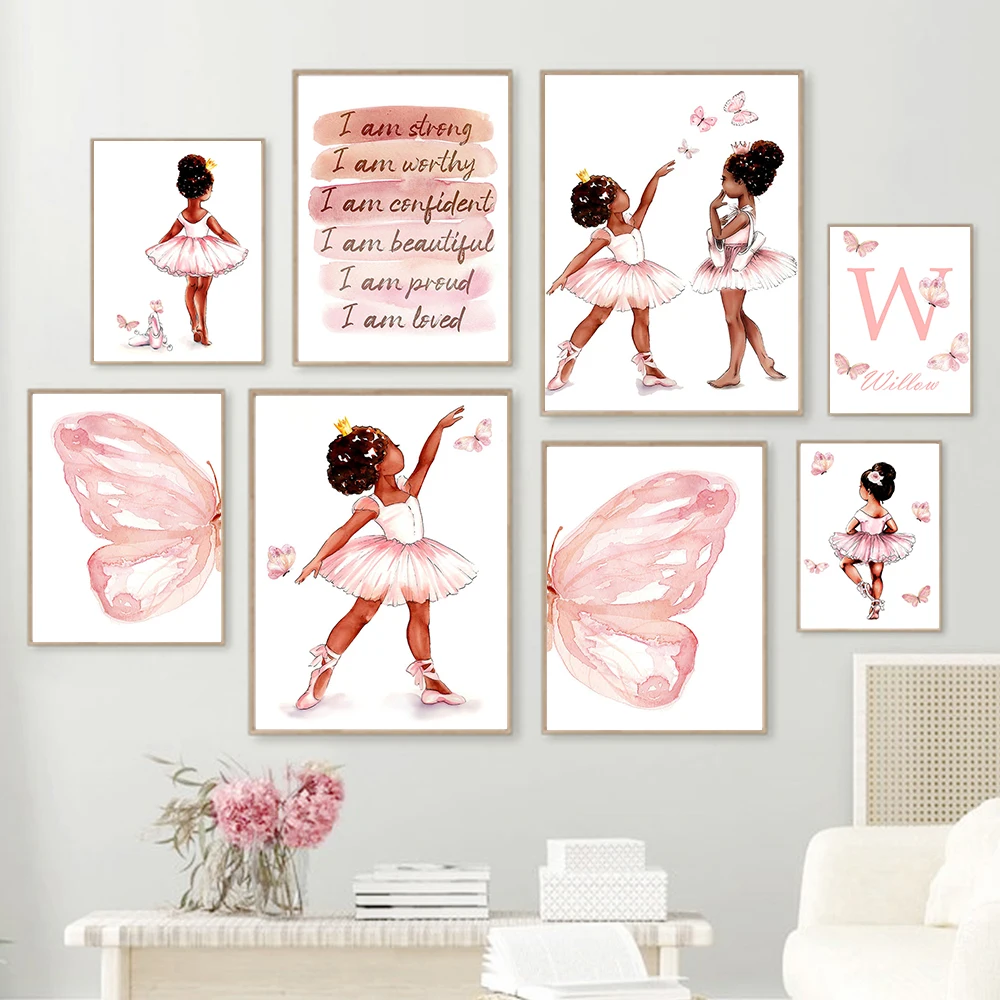 

Watercolor Ballet Girl Butterfly Wings Custom Name Wall Art Canvas Painting Poster Print Picture Girl Room Nursery Home Decor