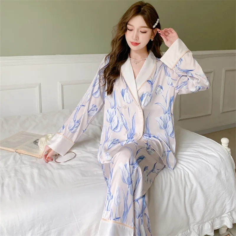 [Milk White Tulip] 2023 New Pajamas Women's Ice Silk Printed Fashion Long Sleeve Cardigan Home Fur