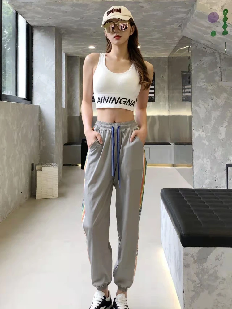 

Women's Korean Style High Waist Pants Rainbow Striped Casual Pants Beautiful Sweatpants Loose Streetwear Womens Work Pants