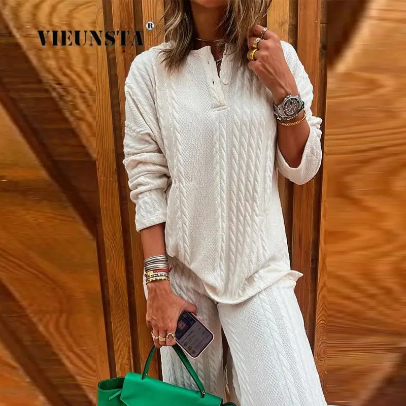 

Autumn Winter Two Pieces Women Sets Knitted Tracksuit 2024 New V-Neck Twist Sweater and Wide Leg Pants Pullover Women Warm Suits