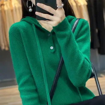 Women's Clothing Hooded Slim Solid Color Sweaters Fashion Drawstring Button All-match Long Sleeve Autumn Winter Knitted Jumpers 4