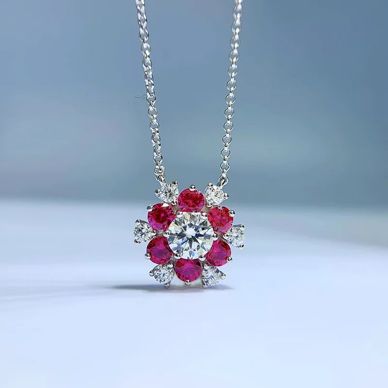 

S925 Silver Ruby Emerald Sunflower One Carat Diamonds Fashion Necklace Light Luxury Flower Pendant Women's Jewelry