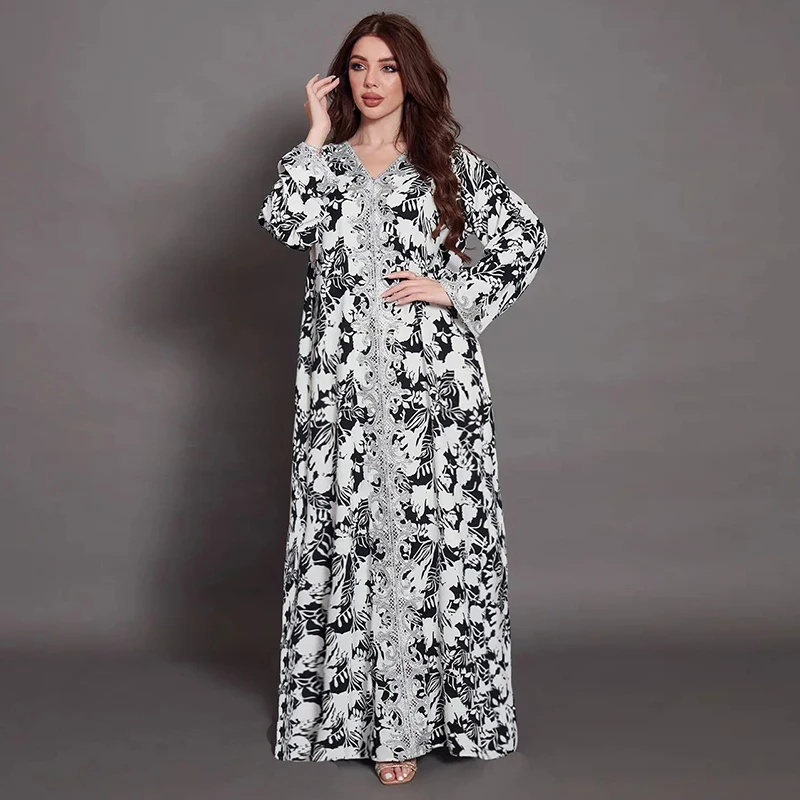 Flower Print Lace Eid Abaya For Women 2022 Diamond Ramadan Dubai Arab Evening Morocco Arabic Abayas Hijab Muslim Dress Turkey