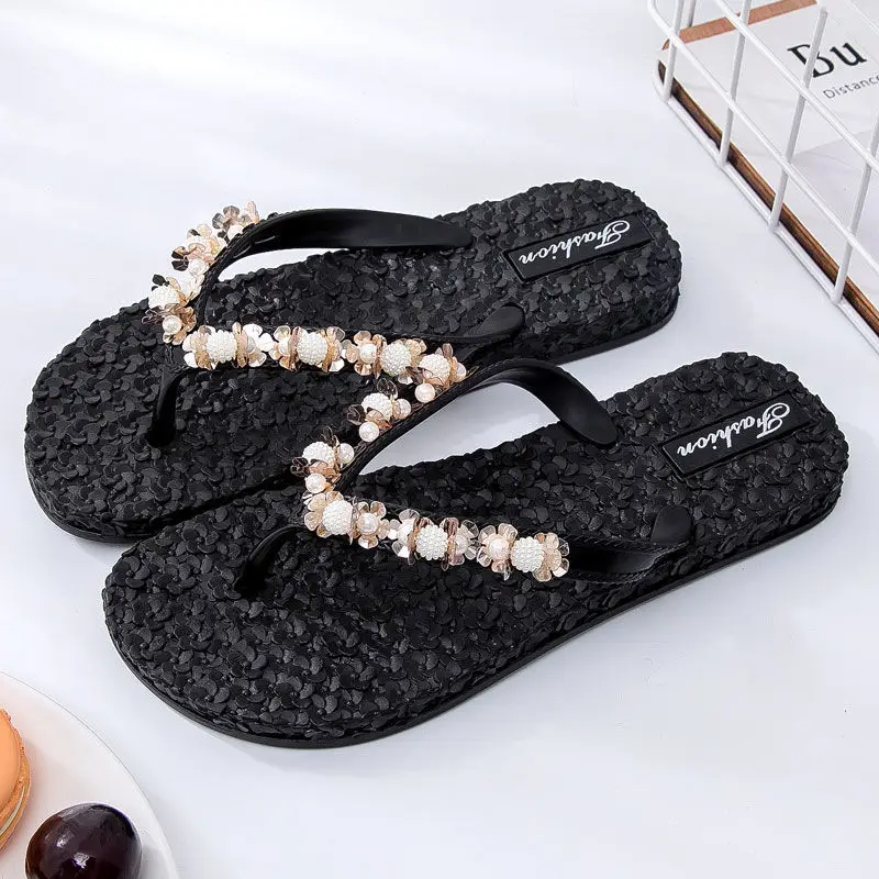 

2022 Fashion Women Casual Shoes Jelly Flowers Beadeds Flip Flop Lady Beach Summer Peep Toe Indoor Slippers Cool Water Sandal