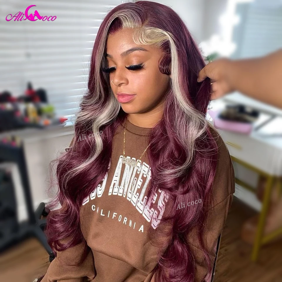 Burgundy 99j Red With 613 Blonde Stripe Lace Front Wig Pre Plucked 13x6 Lace Frontal Human Hair Highlight Wigs For Black Women