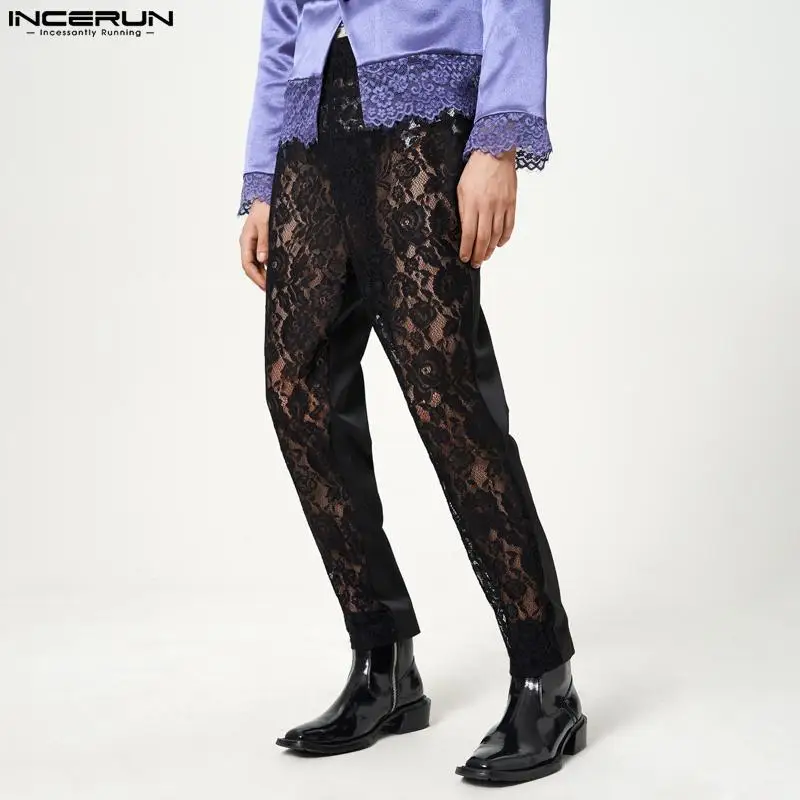 

INCERUN 2023 мужские брюки кружевные лоскутные прозрачные пикантные брюки с эластичной талией женские модные брюки для ночного клуба в уличном стиле