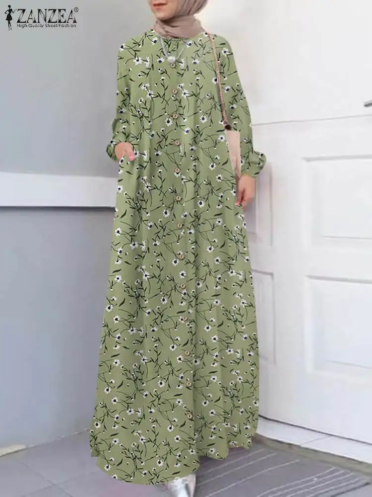 

ZANZEA Stylish Muslim Printed Dress Women Sundress Long Sleeve Maxi Turkish Vestidos Female Islamic Clothing Floral Abaya Robe