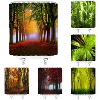 misty forest red maple trees shower curtains waterproof green jungle natural landscape tropical scenery decor bathroom curtain