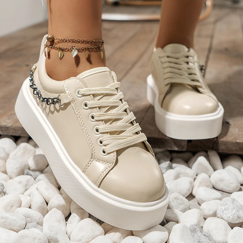 

Женские кроссовки на платформе, повседневные кроссовки из искусственной кожи на толстой подошве, на шнуровке, с металлической цепочкой, на ...