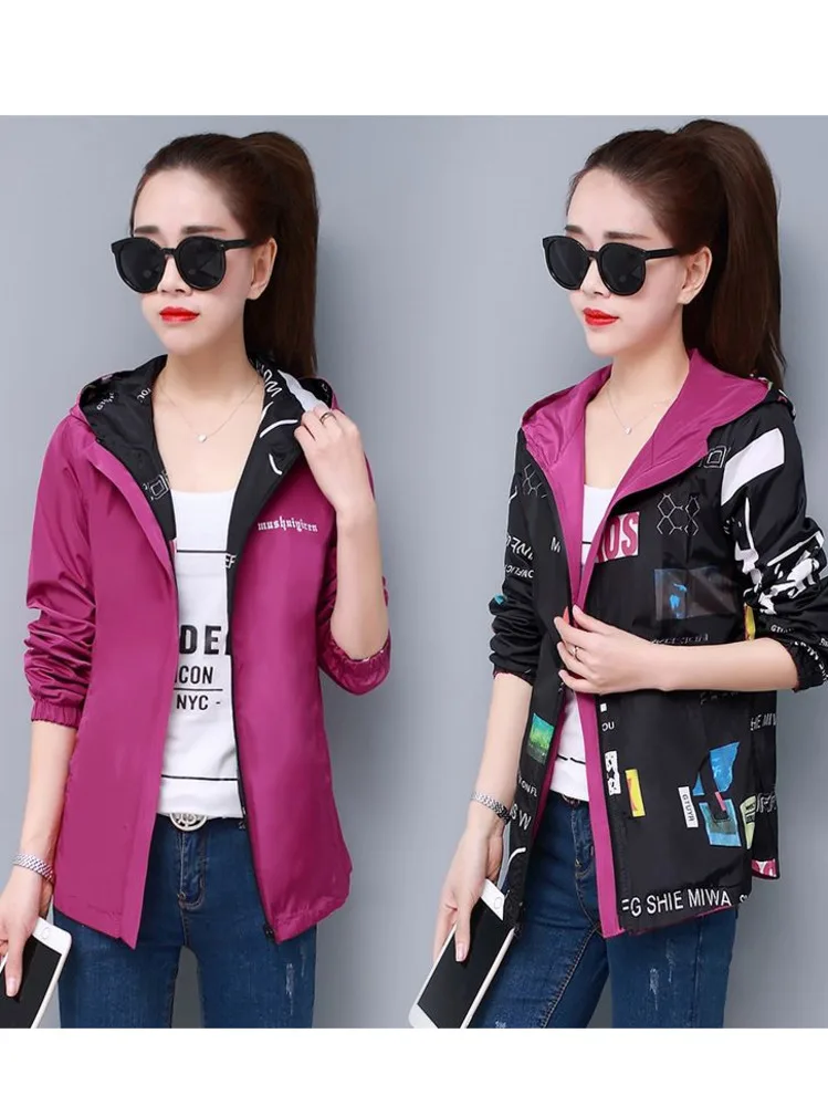 

2022 New Women Jacket Streetwear Hooded Printed Coat Causal Windbreaker Female Reversible Baseball Zippers Basic Jacket 4XL