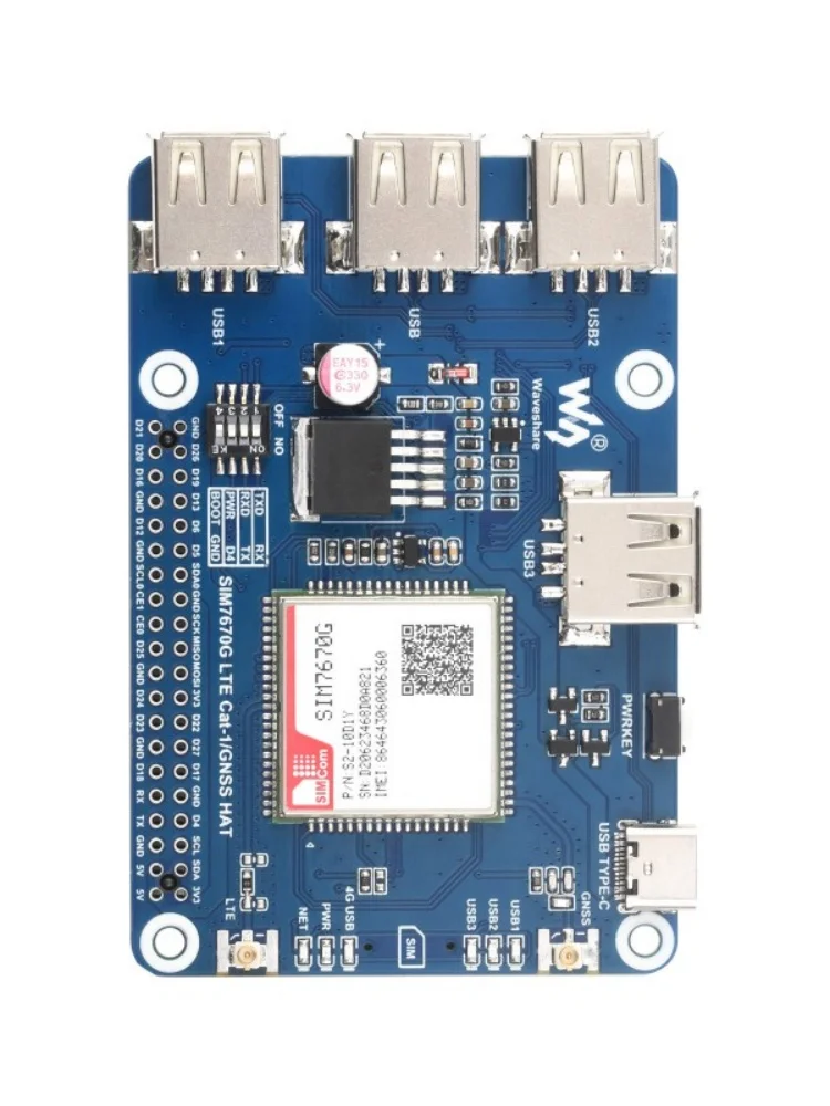 Фото Шляпа Cat-1/GNSS для Raspberry Pi, на базе модуля SIM7670G, глобальная поддержка многодиапазона LTE 4G Cat-1, позиционирование GNSS, 3x USB 2.0 №4