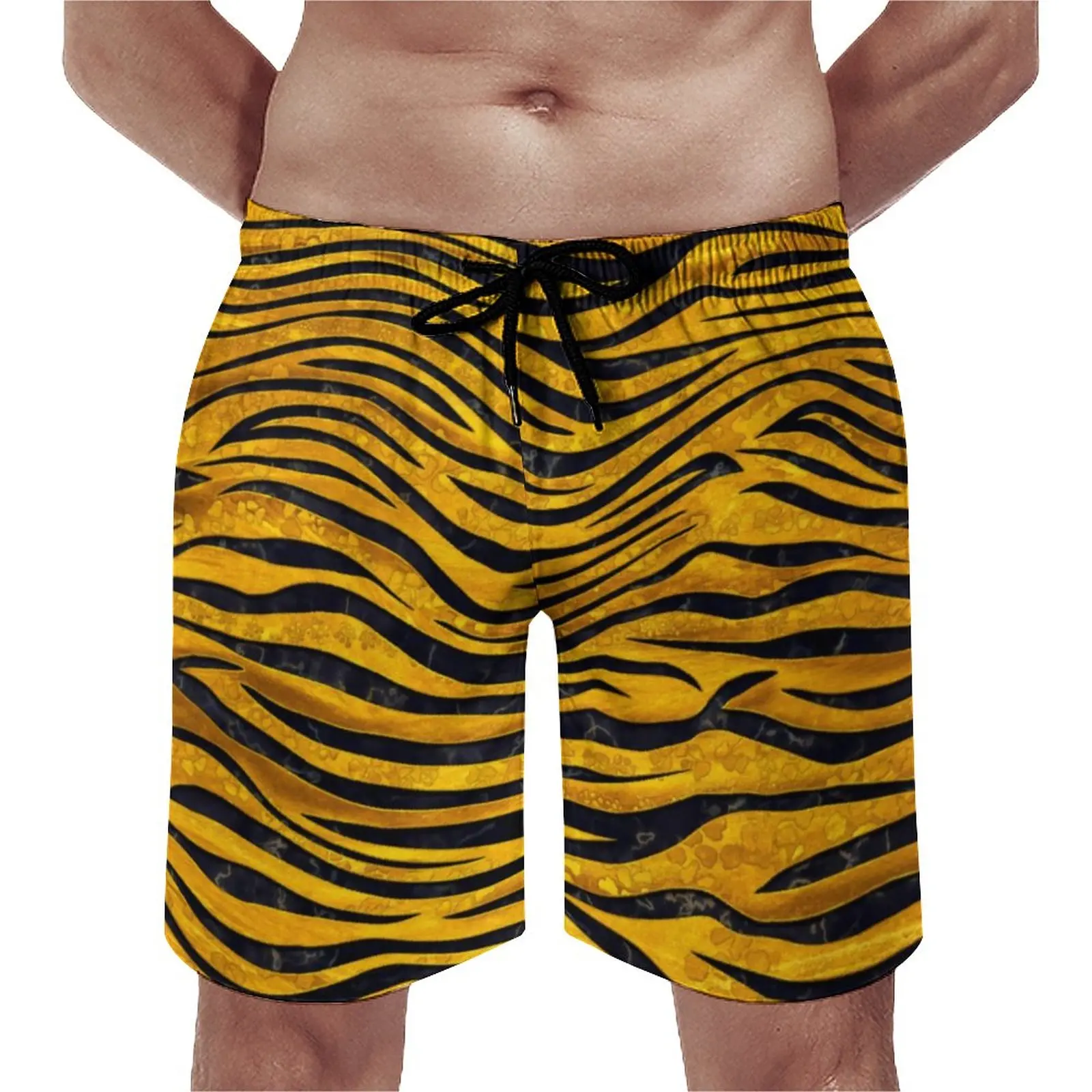

Шорты мужские пляжные в полоску, качественные штаны с принтом тигра, золотистые, большие размеры
