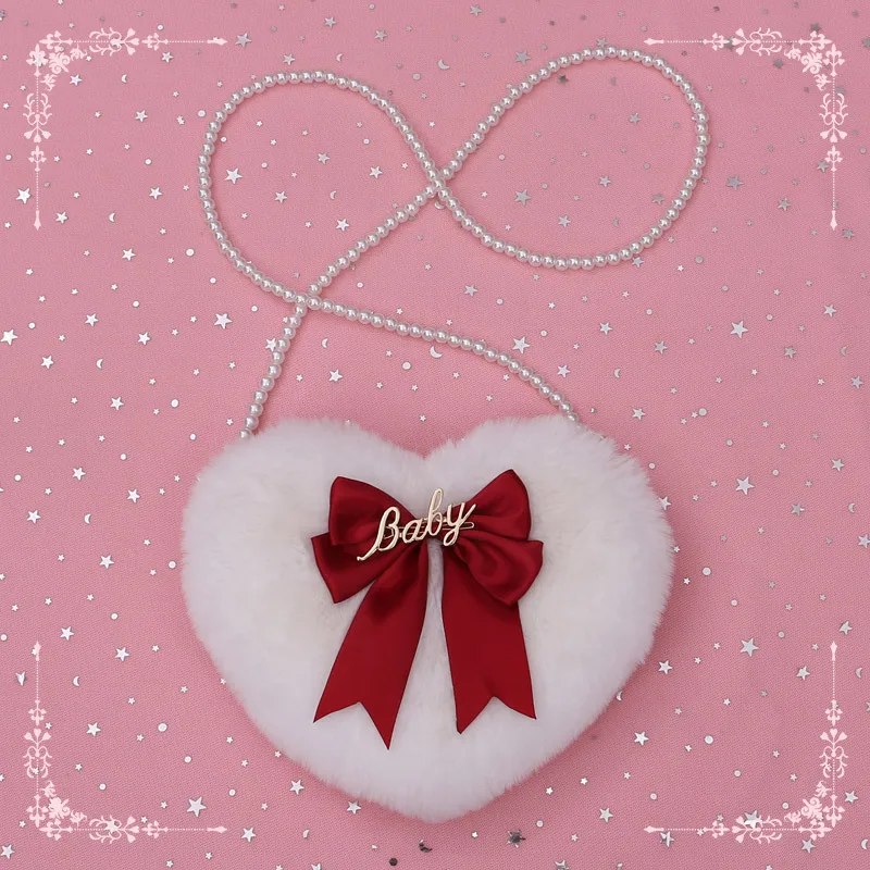

Encanto Japanese Heart-shaped Cute Lolita Lolita Girl Bow Plush Shoulder Messenger Bag Student Anime Cosplay Accessories
