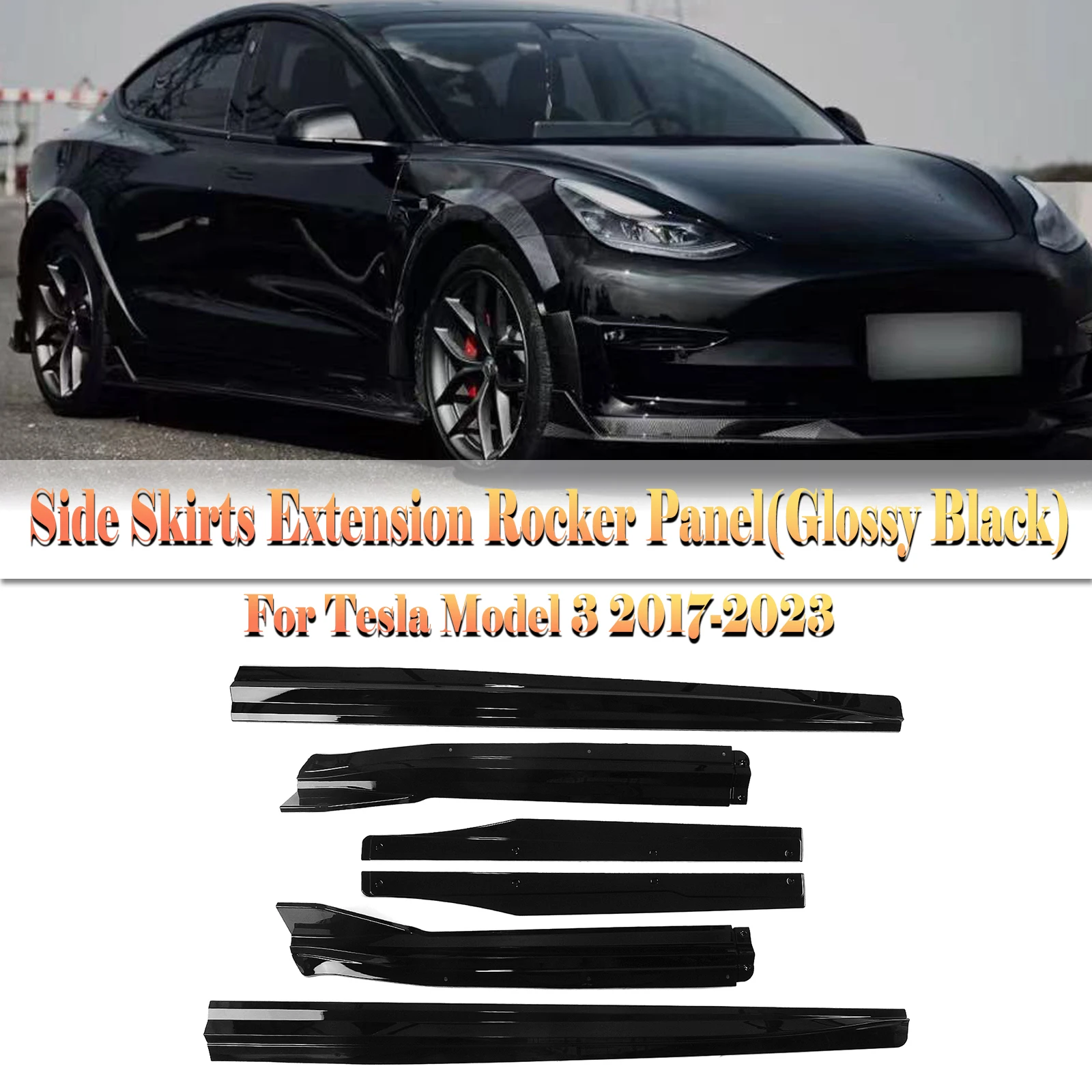 

Car Exterior Side Skirts Extension Rocker Panel Kit For Tesla Model 3 2017-2023 Carbon Fiber Look/Gloss Black