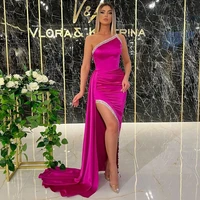 modern sexy one shoulder pink fuschia prom dresses sleeveless side slit pleat party dresses long train draped evening gown woman