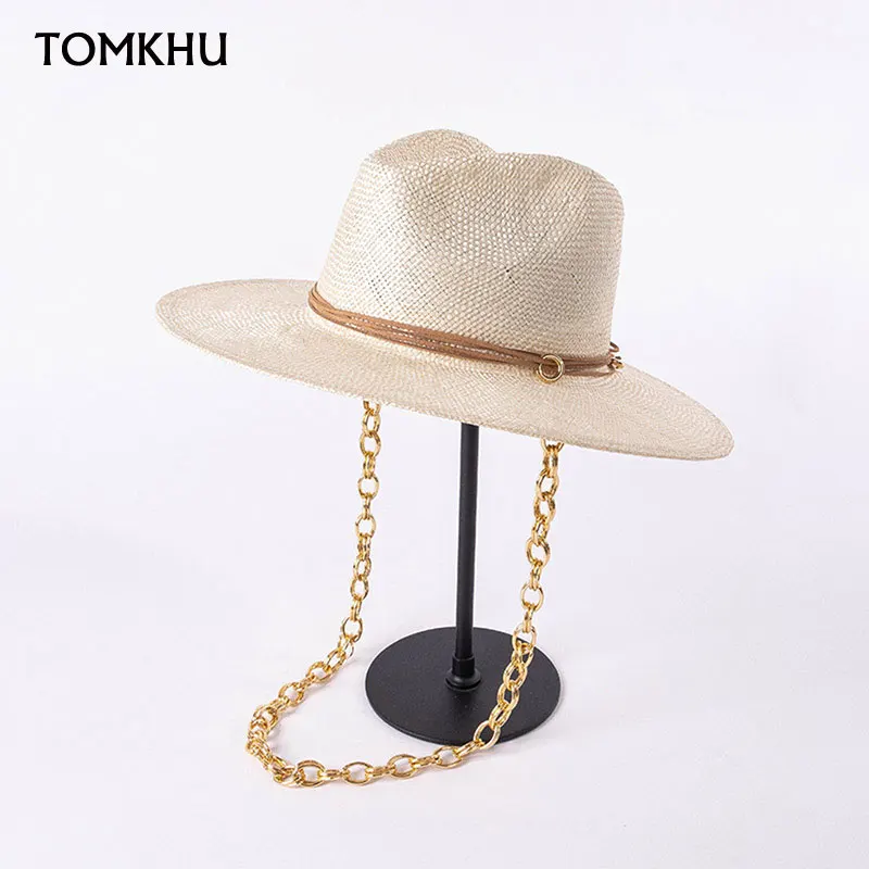 Fashion Gold Chain Natural Sisal Straw Summer Panana Caps For Women Men Wide Brim Beach Vacation Sun Hat Fedoras Designer Hat