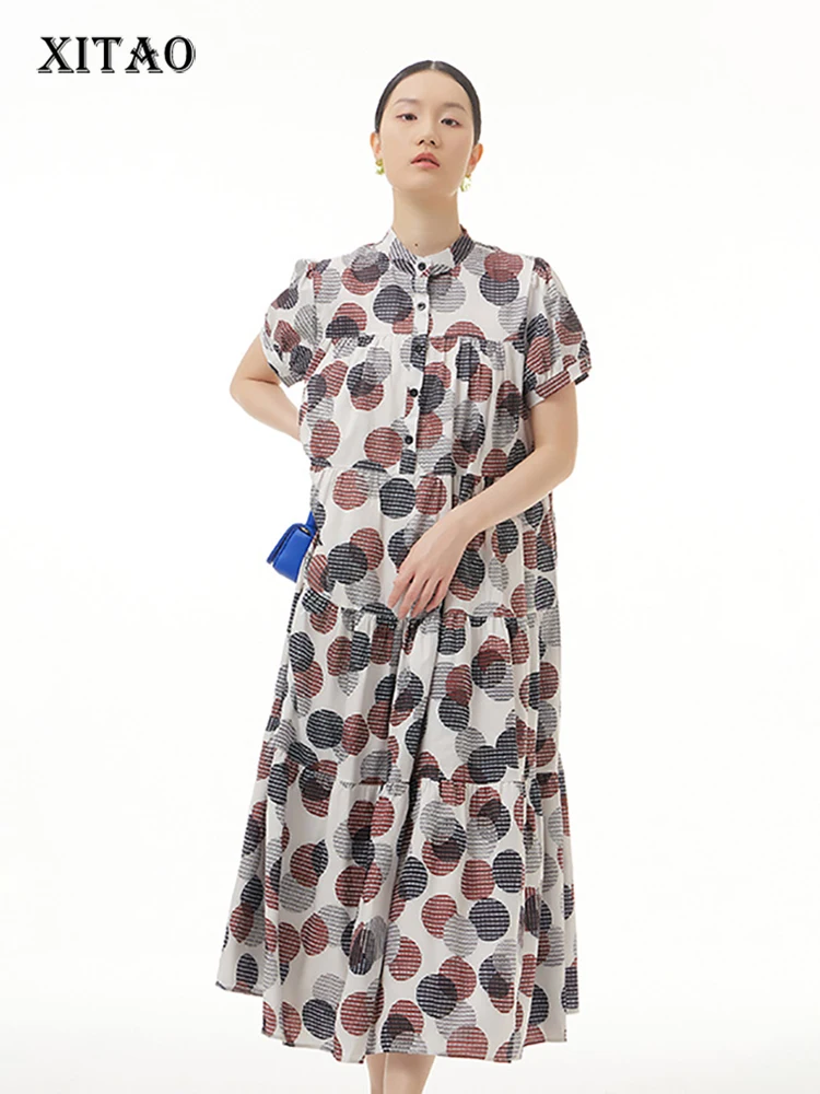 

XITAO Vintage Casual Dress Fashion Dot Print Pattern Folds Splicing Stand Collar Shirt Dress 2022 New Simplicity Women WLD7808