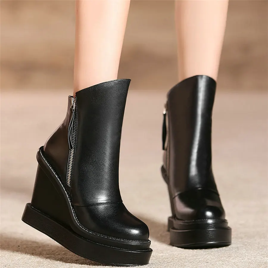 Flat With Platform Shoe Women Genuine Leather Super High Heels Party Pumps Female Round Toe Wedges Fashion Sneakers Casual Shoes