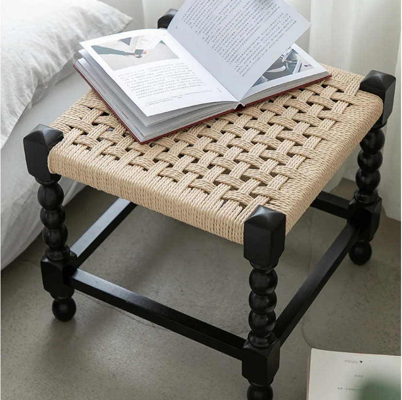 

French solid wood rope stool chair Nordic simple designer creative personality vintage Change shoe stool at the door furniture