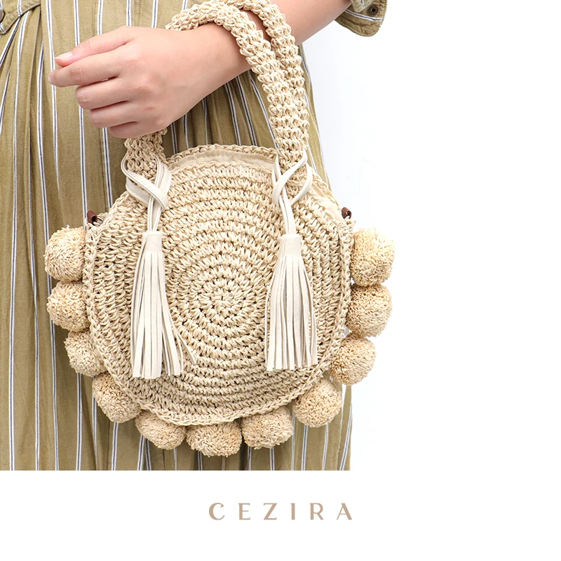 

Круглая соломенная сумка CEZIRA, маленькая трикотажная пляжная сумка-мессенджер из искусственной кожи с кисточками, женские праздничные сумк...