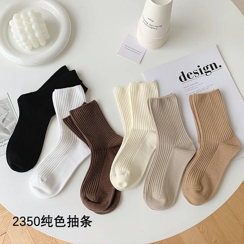 

Women's Socks Spring and Autumn Solidcolor Mid-Calf Length Cotton Socks Japanese Vertical Stripes Ins Tide Bunching Socks