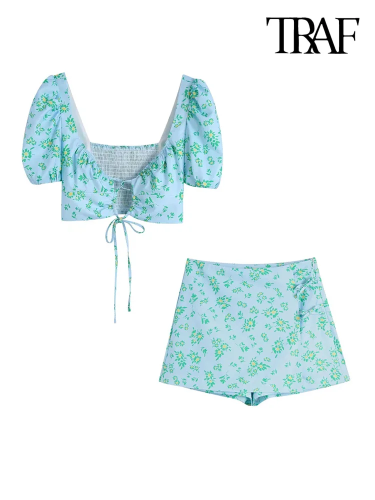 

TRAF Women Fashion With Tied Printed Blouses And High Waist Side Zipper Shorts Skirts Female Sets Mujer