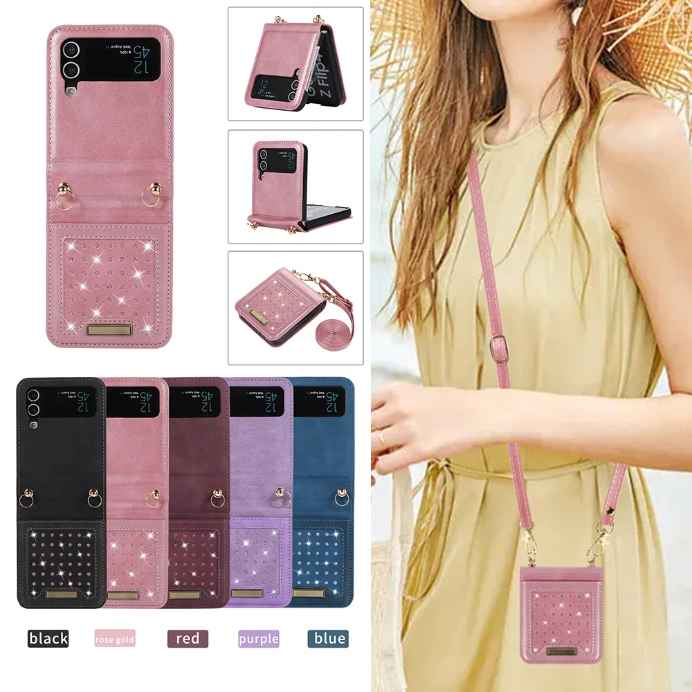 

Bling Glitter Crossbody Phone Case for Samsung Galaxy Z Flip 4 3 5G Flip4 Flip3 Credit Cards Slot Leather Cover with Lanyard