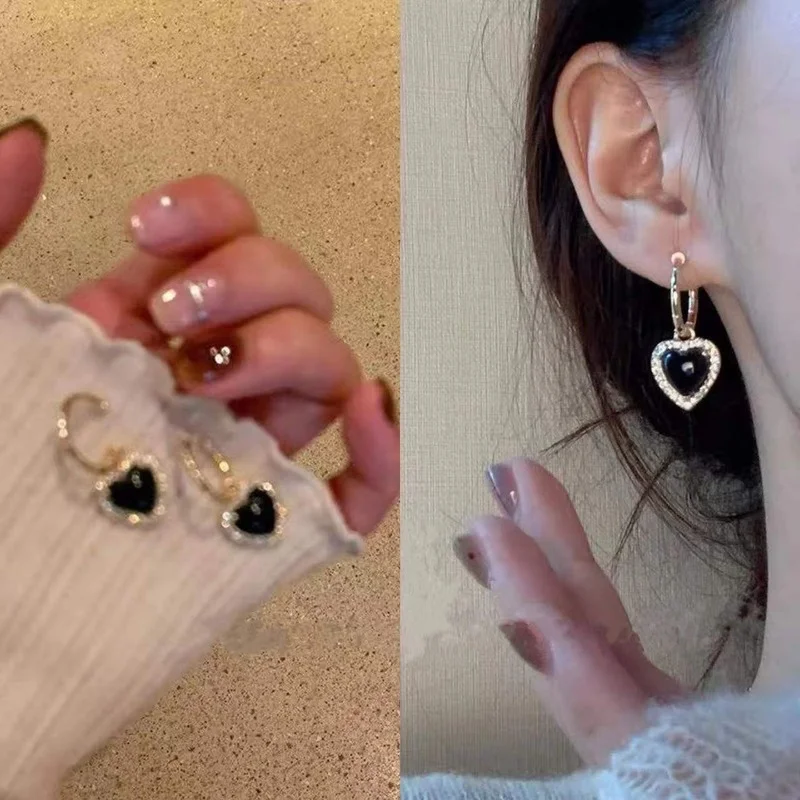 

Fashion Women Black Heart Hanging Simple Crystal Diamond Earrings Pendant Birthday Party Party Jewelry Gift Accessories