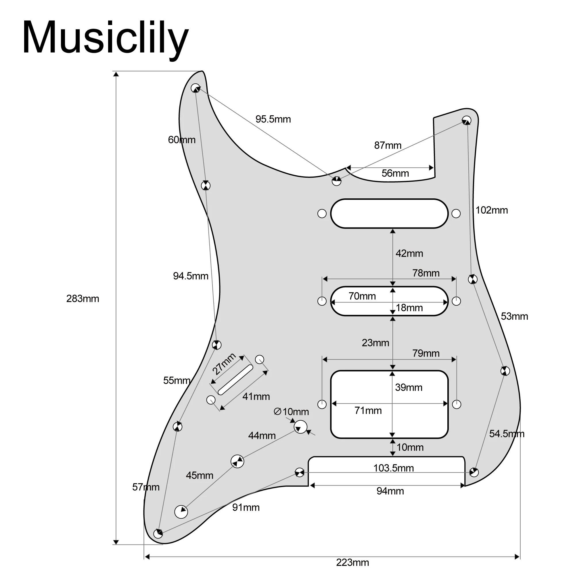 Фото Musiclily Pro Left Handed 11-Hole Modern Style ST HSS Guitar Pickguard for American/Mexican ST Floyd Rose Bridge Cut №2