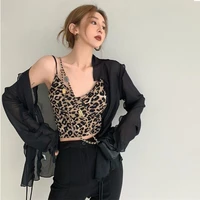 2022 summer korean style womens suit fashion set vintage v neck leopard print camisole sunscreen cardigan high waist long pants