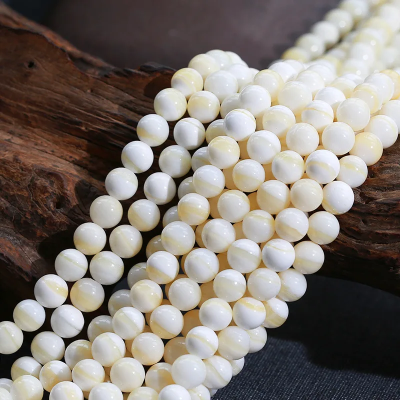 

Joanlyn Grade AAA Natural White Shell Beads with Single Gold Stripe 6mm-14mm Smooth Polished Round 15 Inch Strand TD06