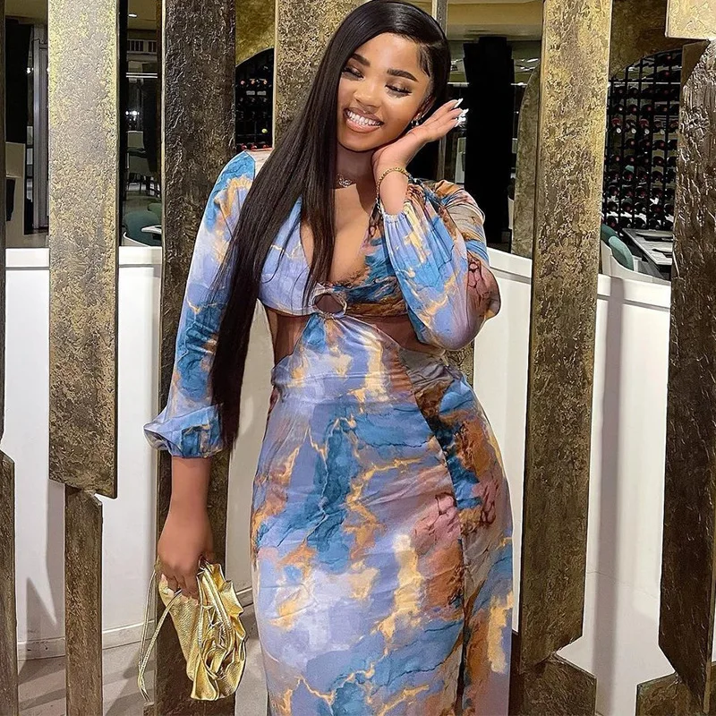 

2023 Printed Fashion Sexy Deep V Package Buttocks Long Sleeved Dress Tide Female Bikini Cover Up Beach Swimwear Swim Pareo